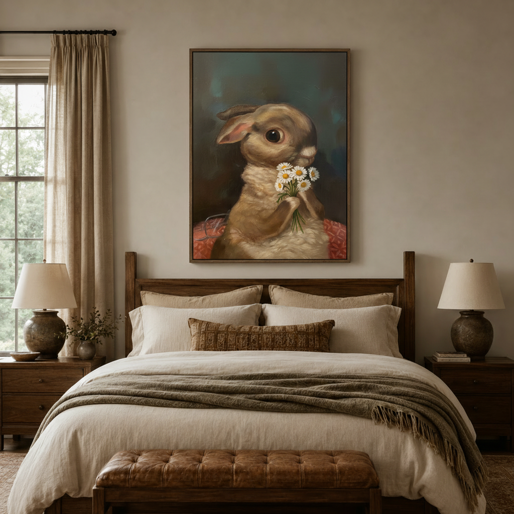Tender rabbit with white daisies oil painting centered above bed in cozy neutral bedroom