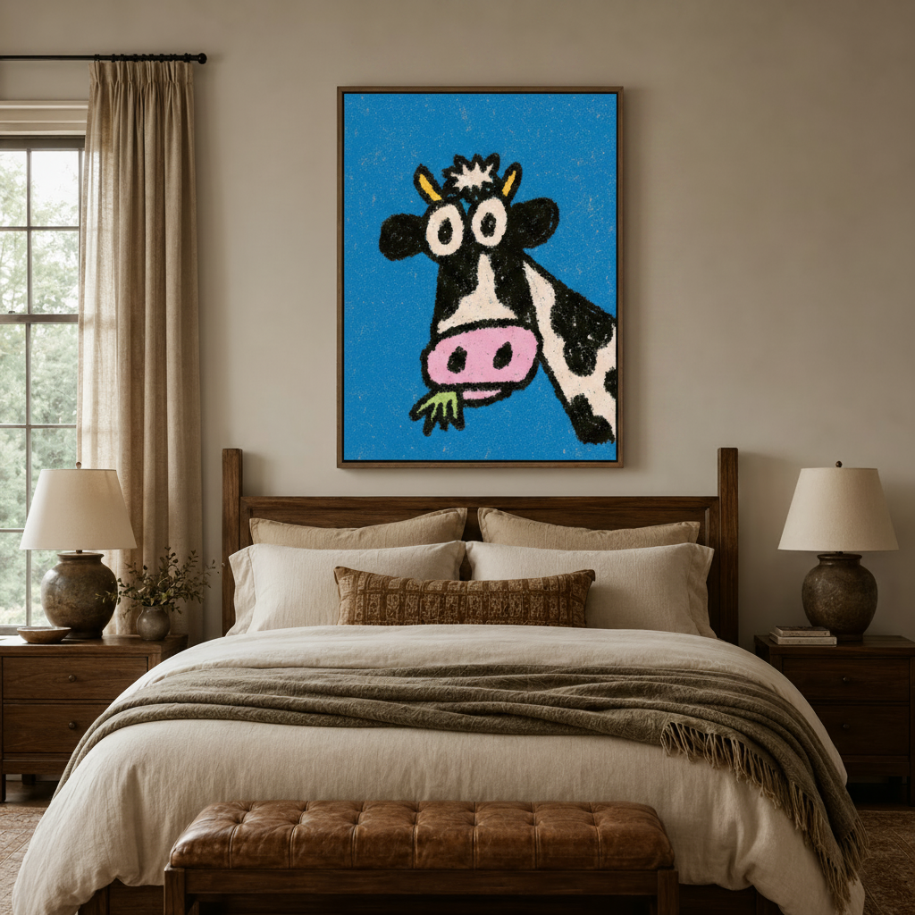 Quirky pop art dairy cow canvas print centered above bed in cozy neutral bedroom