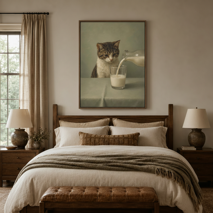  Funny cat milk canvas wall art centered above bed in cozy neutral bedroom with warm ambient lighting