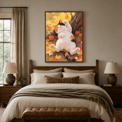 Cozy chubby cat autumn canvas print in bedroom – kawaii illustration with fat white cat among golden maple leaves as warm wall decor above bed by Aurewall