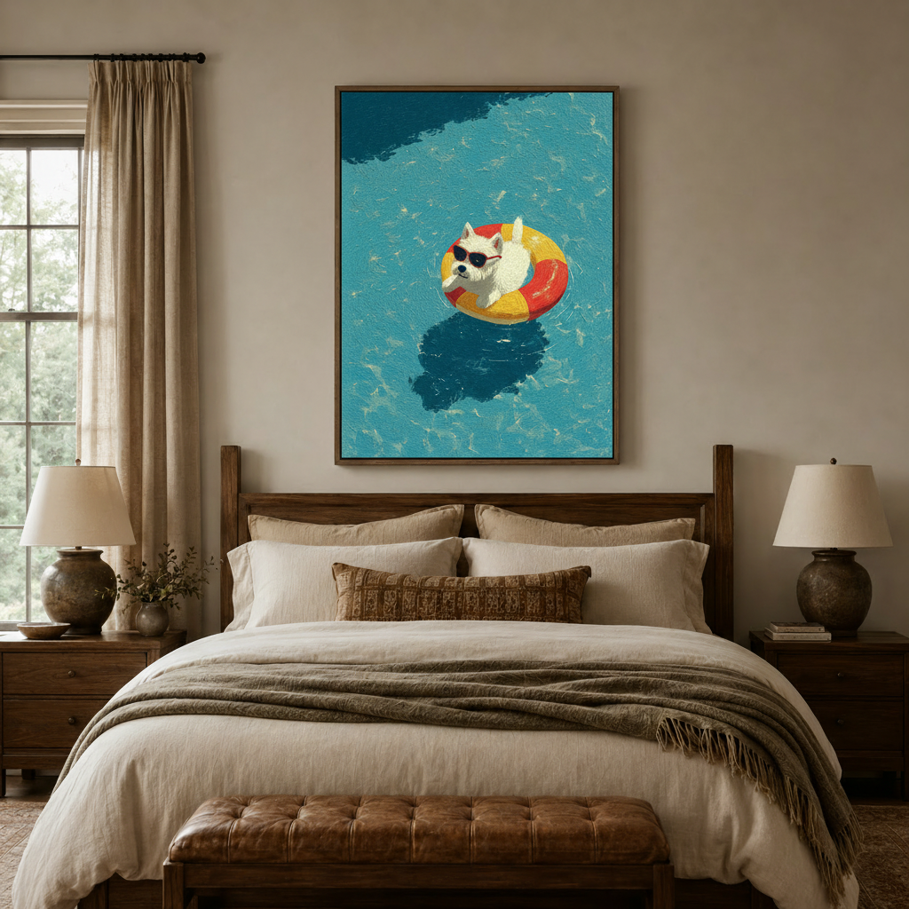 Summer pool dog impasto canvas print in walnut frame centered above bed in bedroom