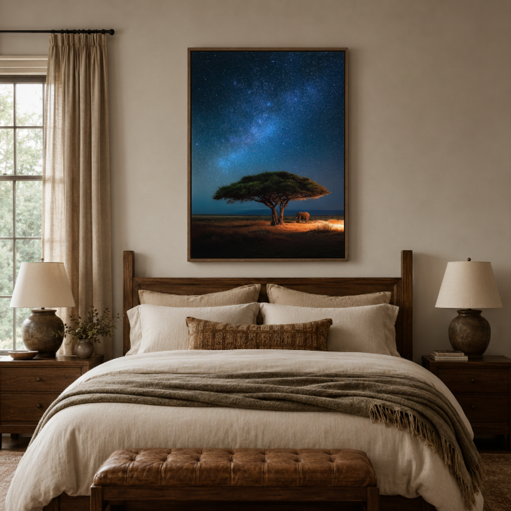 African savanna starry sky canvas wall art bedroom detail – close-up of night landscape showing Milky Way galaxy and acacia silhouette texture by Aurewall