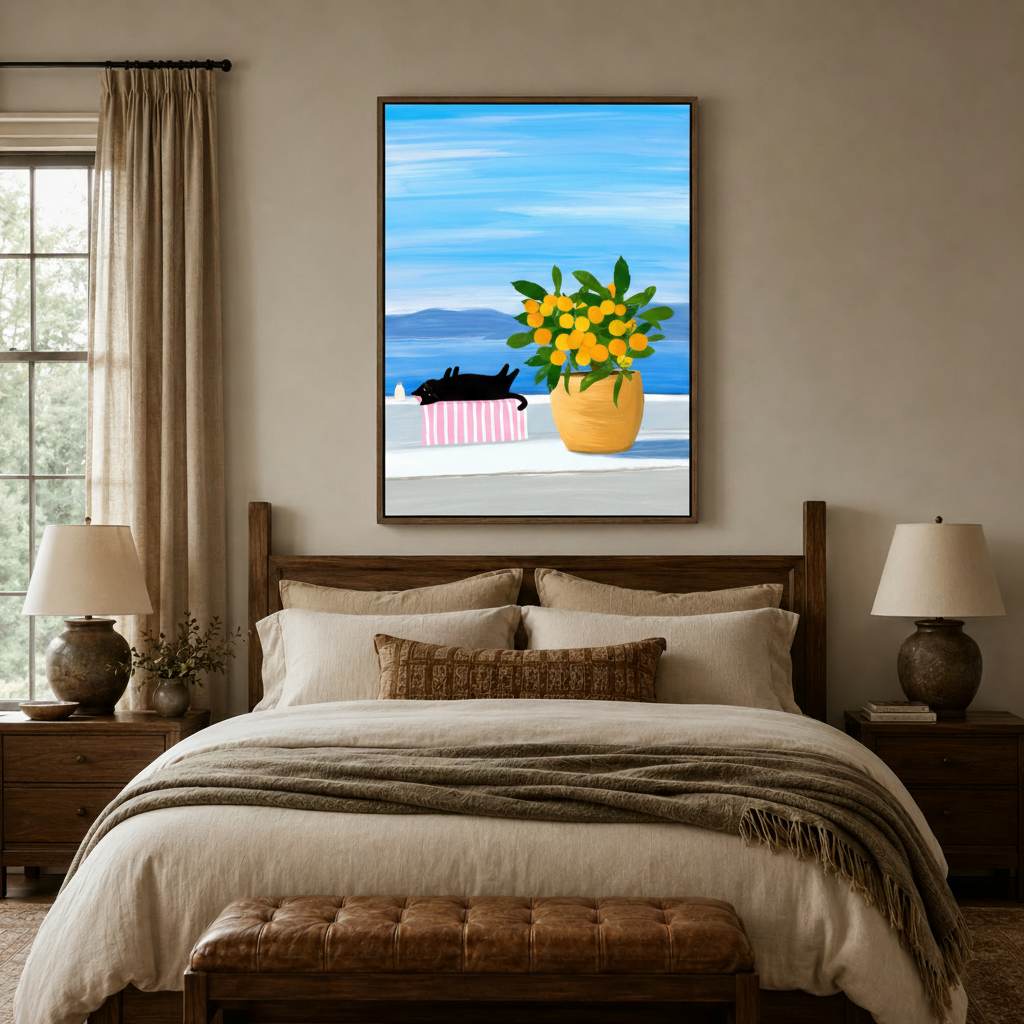 Mediterranean summer cat canvas art above linen bed in cozy neutral bedroom