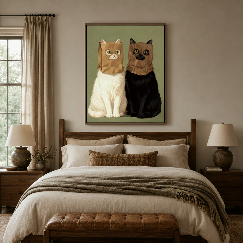 Two cats with paper bags flat art canvas in dark walnut float frame above bed in cozy bedroom