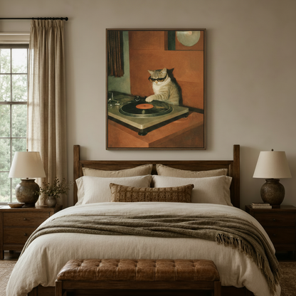 Vintage DJ cat oil painting canvas above wooden bed – cool retro music cat wall art by Aurewall