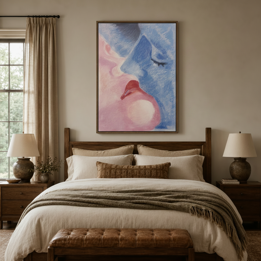 Dreamy romantic couple oil painting canvas print centered above bed in cozy neutral bedroom
