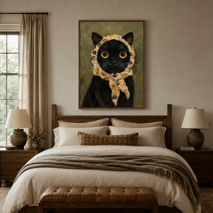 Black cat wearing floral bonnet canvas wall art above a dark wood bed in a cozy bedroom