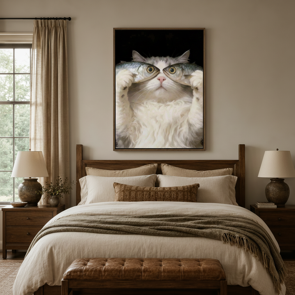 Hyperrealistic funny cat canvas above wooden bed headboard in cozy warm-toned bedroom