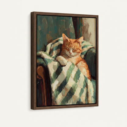 Framed canvas print of a sleeping orange cat on green striped blanket, impressionist style