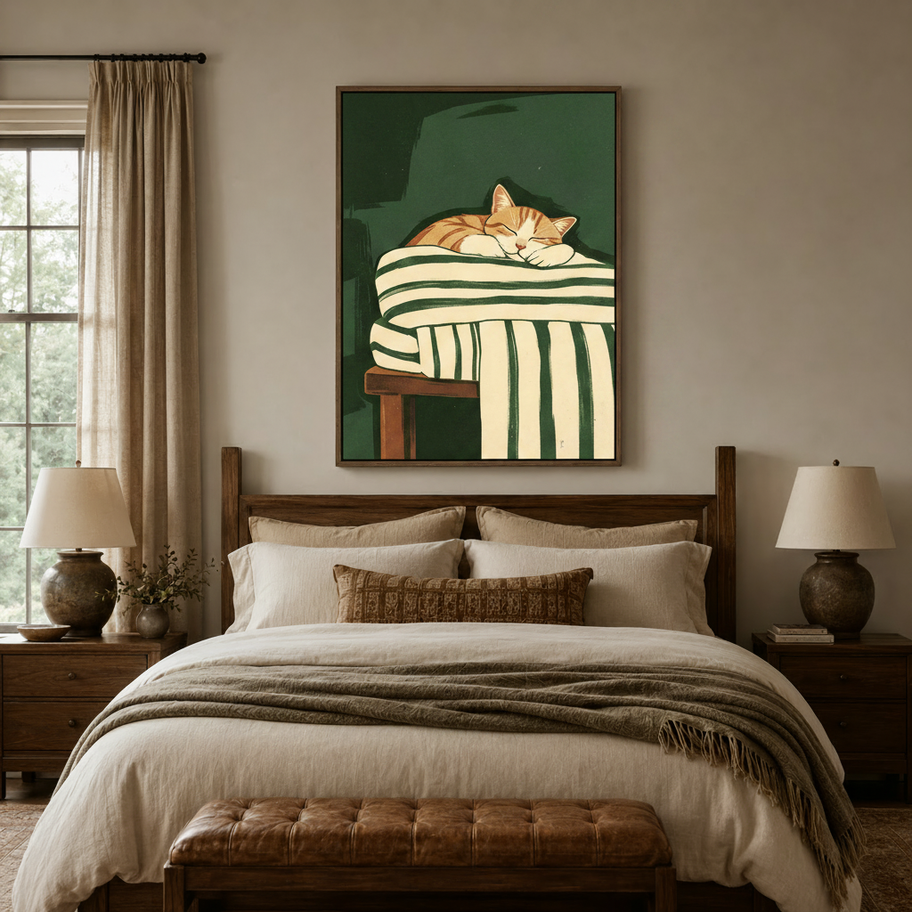 Sleeping cat illustration canvas in float frame styled above bed in warm bedroom interior