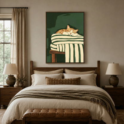 Sleeping cat illustration canvas in float frame styled above bed in warm bedroom interior