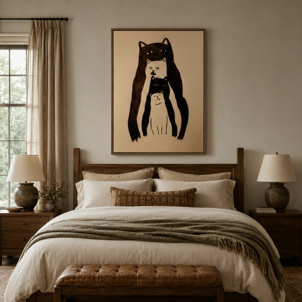 Stacked cat ink illustration canvas above a rustic wooden bed in a warm neutral bedroom