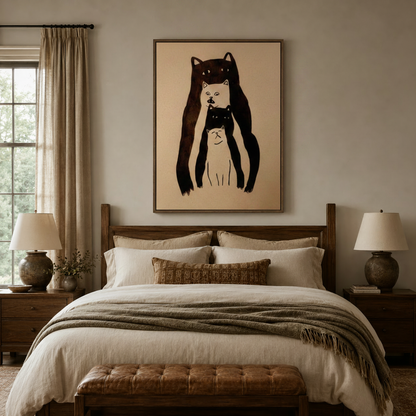 Stacked cat ink illustration canvas above a rustic wooden bed in a warm neutral bedroom