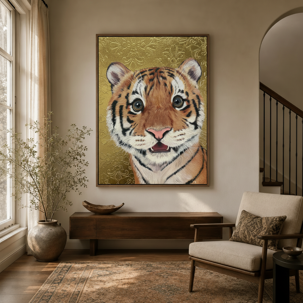 Luxury baby tiger oil painting wall art in dark walnut float frame displayed in a cozy entryway with arched doorway