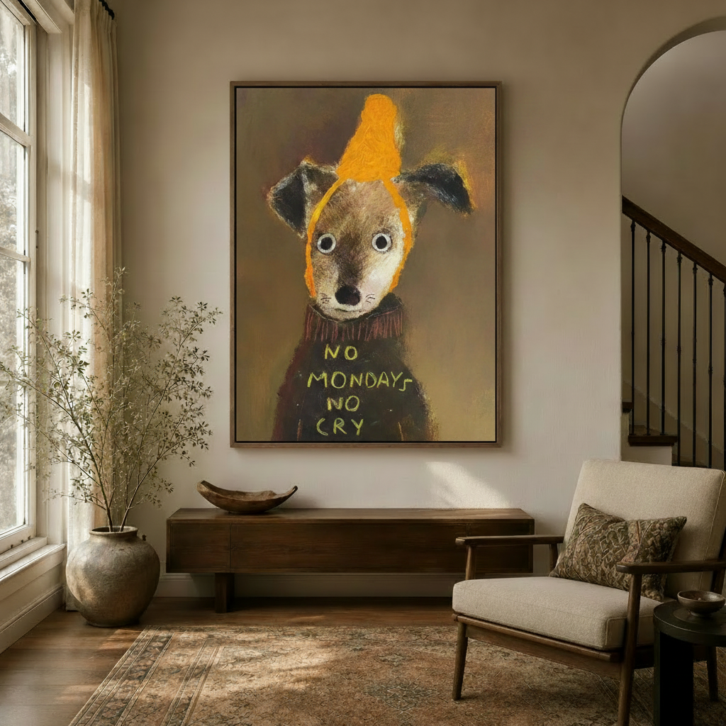 Funny dog folk art canvas print in a warm entryway with floating wood frame and visible shadow gap detail