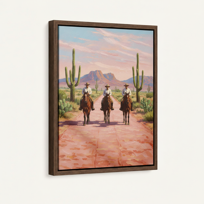 Framed western cowboys oil painting canvas print with dark walnut floating frame
