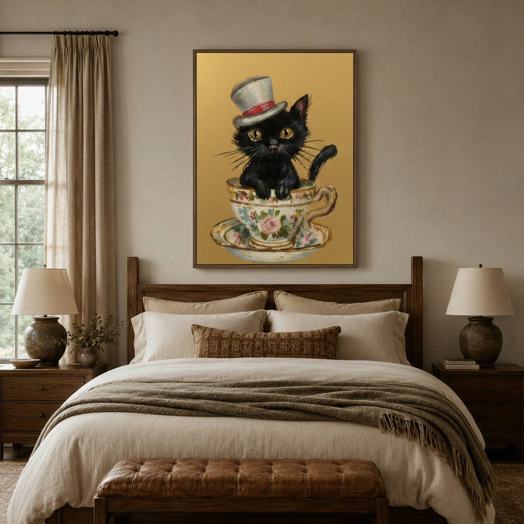 Victorian cat in teacup canvas above a bed in a warm-toned bedroom with linen bedding