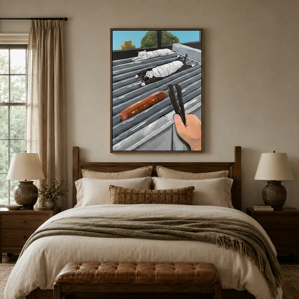 Humorous cat wall art above bed in warm neutral bedroom with linen bedding and wooden furniture