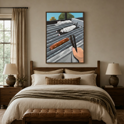 Humorous cat wall art above bed in warm neutral bedroom with linen bedding and wooden furniture
