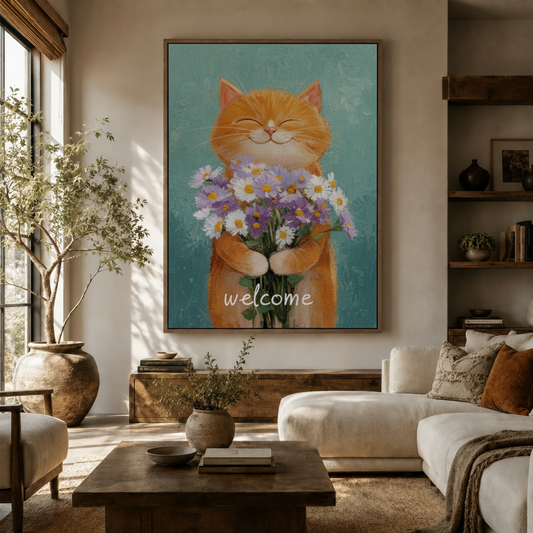 Whimsical cat floral wall art in thin wood frame above cream sofa in living room