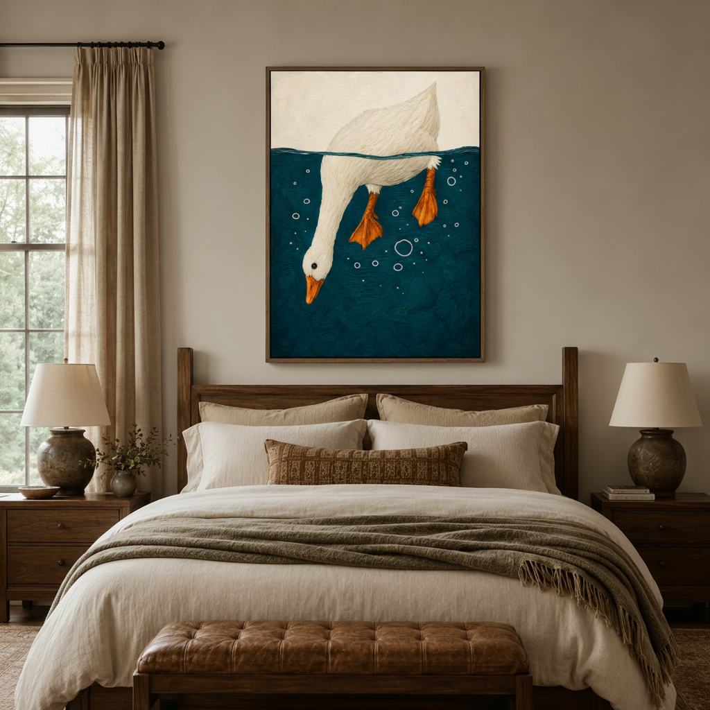Teal and cream goose canvas wall art above a linen bed in a cozy neutral bedroom