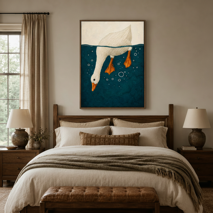 Teal and cream goose canvas wall art above a linen bed in a cozy neutral bedroom