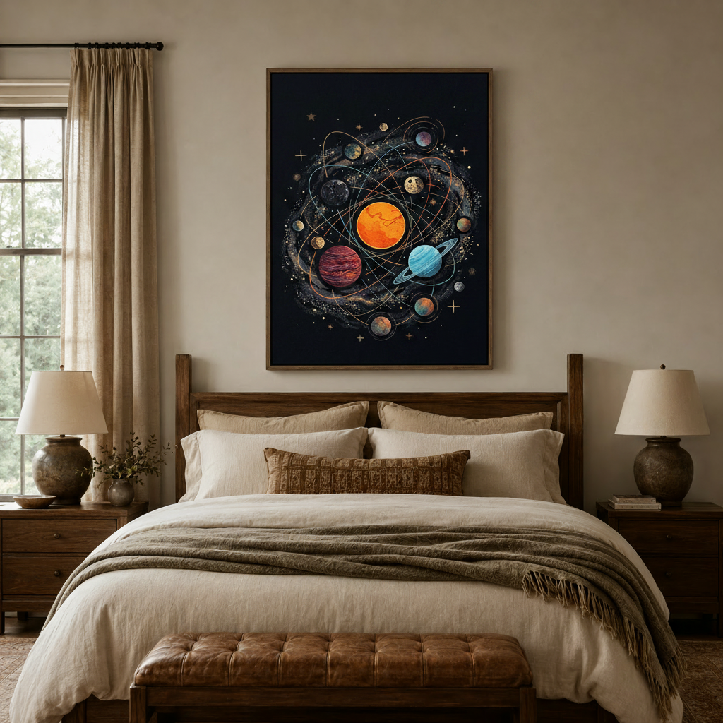 Solar system space canvas art above linen bed in cozy warm-toned bedroom