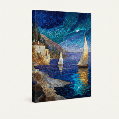 Stretched canvas sailboat wall art – unframed navy blue Mediterranean seascape print for gallery wall or coastal home decor