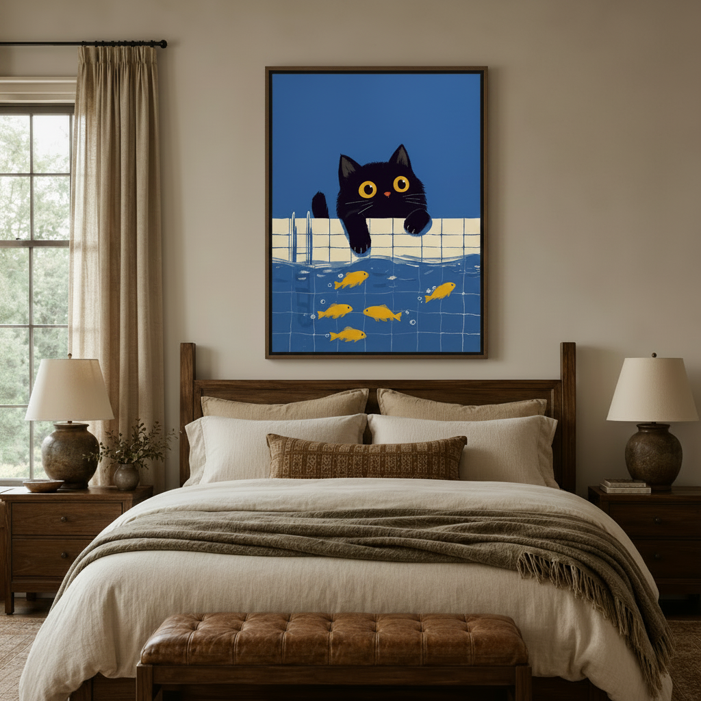 Black cat goldfish pool illustration framed canvas above a wooden bed in a neutral bedroom