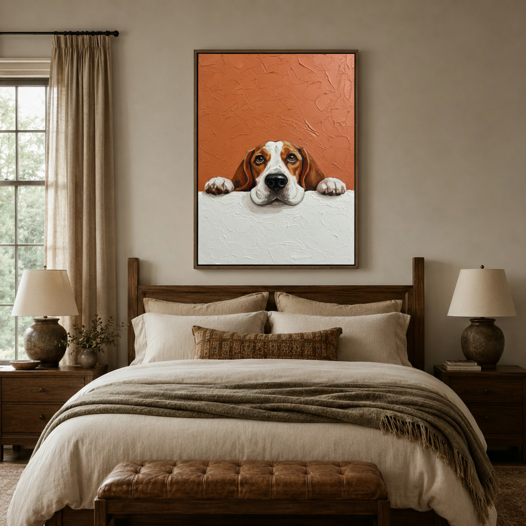 Funny peeking beagle oil painting print above bed in cozy bedroom interior setting