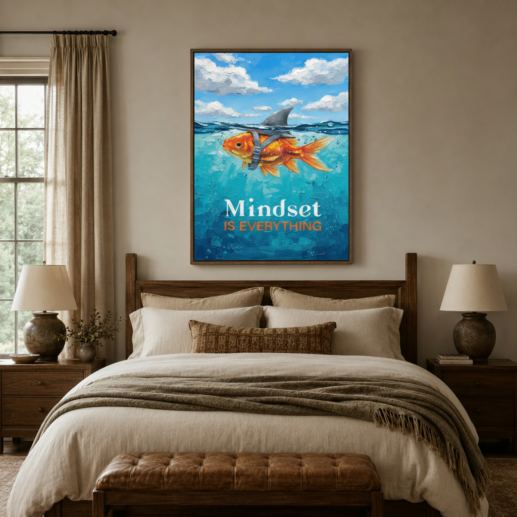 Bold motivational wall art above a linen bed in a serene bedroom, impasto oil painting style