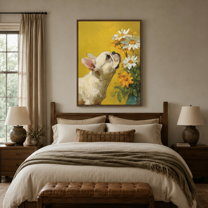 Dog daisy impasto painting above dark walnut bed in cozy neutral bedroom setting