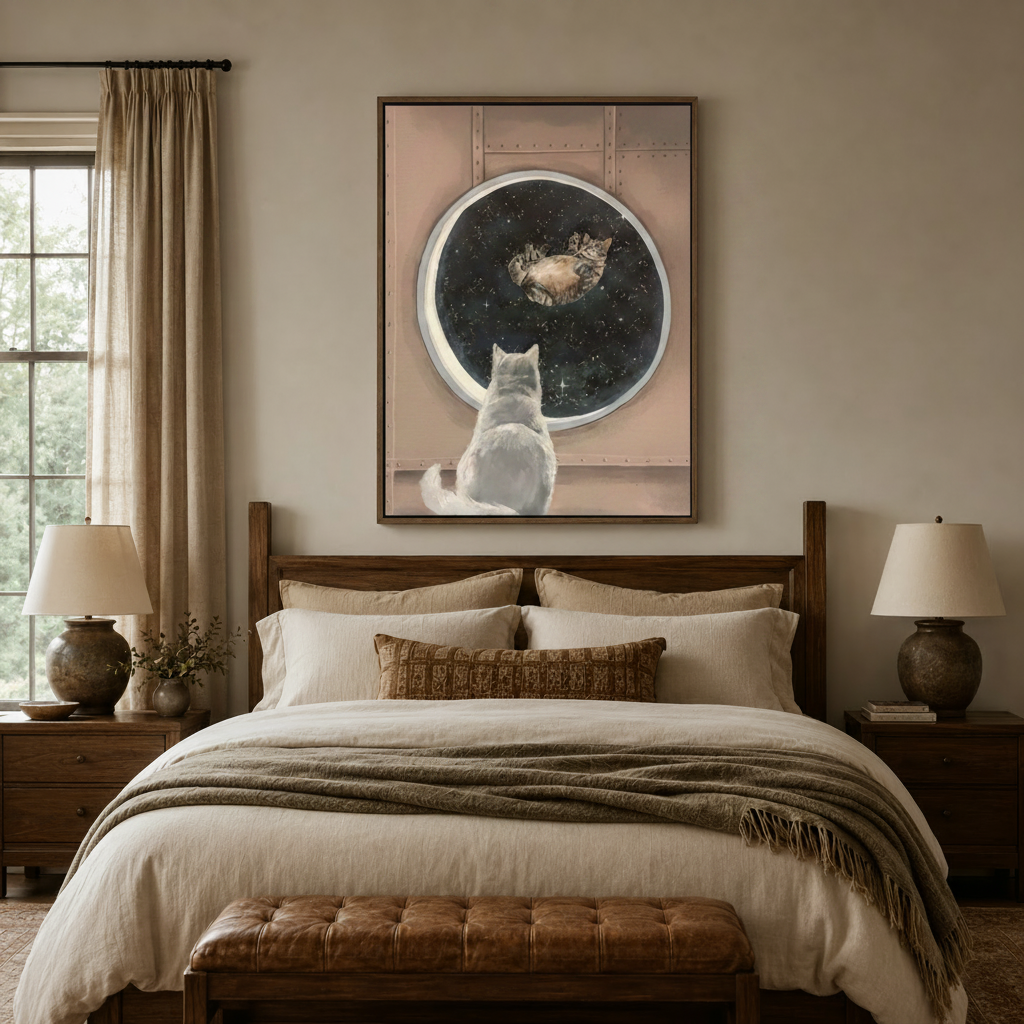 Space cat wall art above bedroom headboard, white cat and floating tabby in starry galaxy

