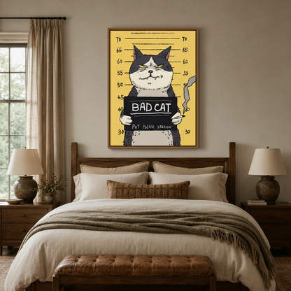 Bad Cat yellow mugshot canvas print above dark walnut bed in cozy neutral bedroom