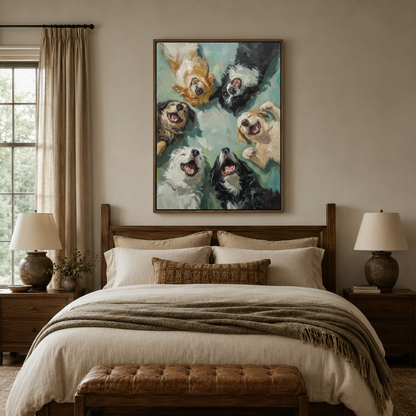 Happy dogs impasto canvas print displayed above bed in cozy neutral bedroom with warm ambient lighting