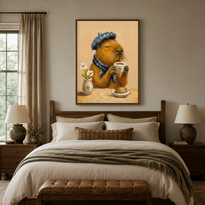 Capybara tea wall art above bedroom headboard, cozy painterly style, warm sandy background