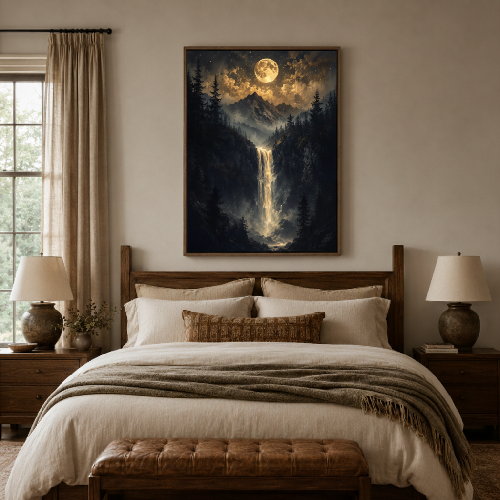 Moonlit forest waterfall canvas wall art bedroom detail – close-up of dark fantasy oil painting showing deer silhouettes silver waterfall and dramatic golden moonlight texture by Aurewall