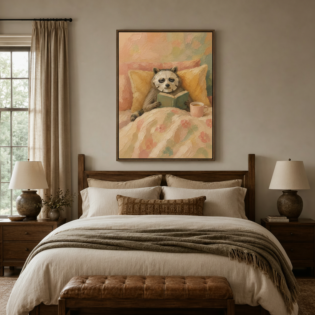 Framed raccoon reading art print above a walnut bed in a cozy neutral bedroom with layered linen bedding