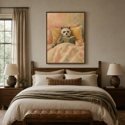 Framed raccoon reading art print above a walnut bed in a cozy neutral bedroom with layered linen bedding