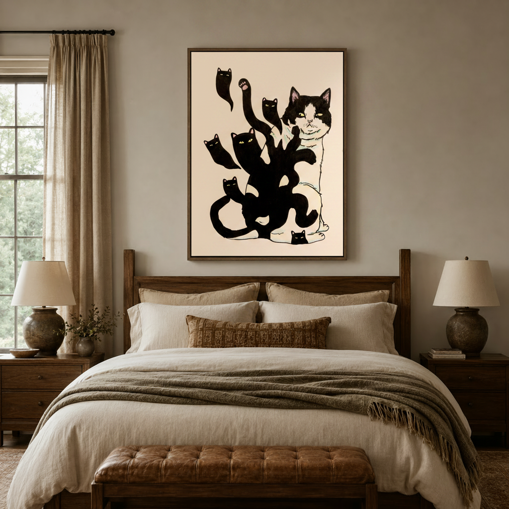 Bold ink cat illustration canvas above a rustic wooden bed in a cozy warm-toned bedroom