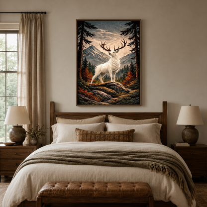 White stag forest canvas wall art bedroom detail – close-up of fantasy wildlife painting showing white deer antlers and pine forest texture by Aurewall