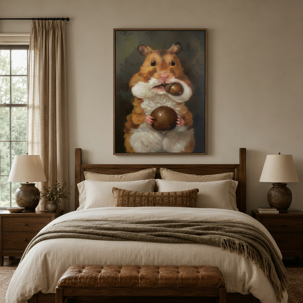 Charming hamster with acorn canvas print centered above bed in cozy neutral bedroom
