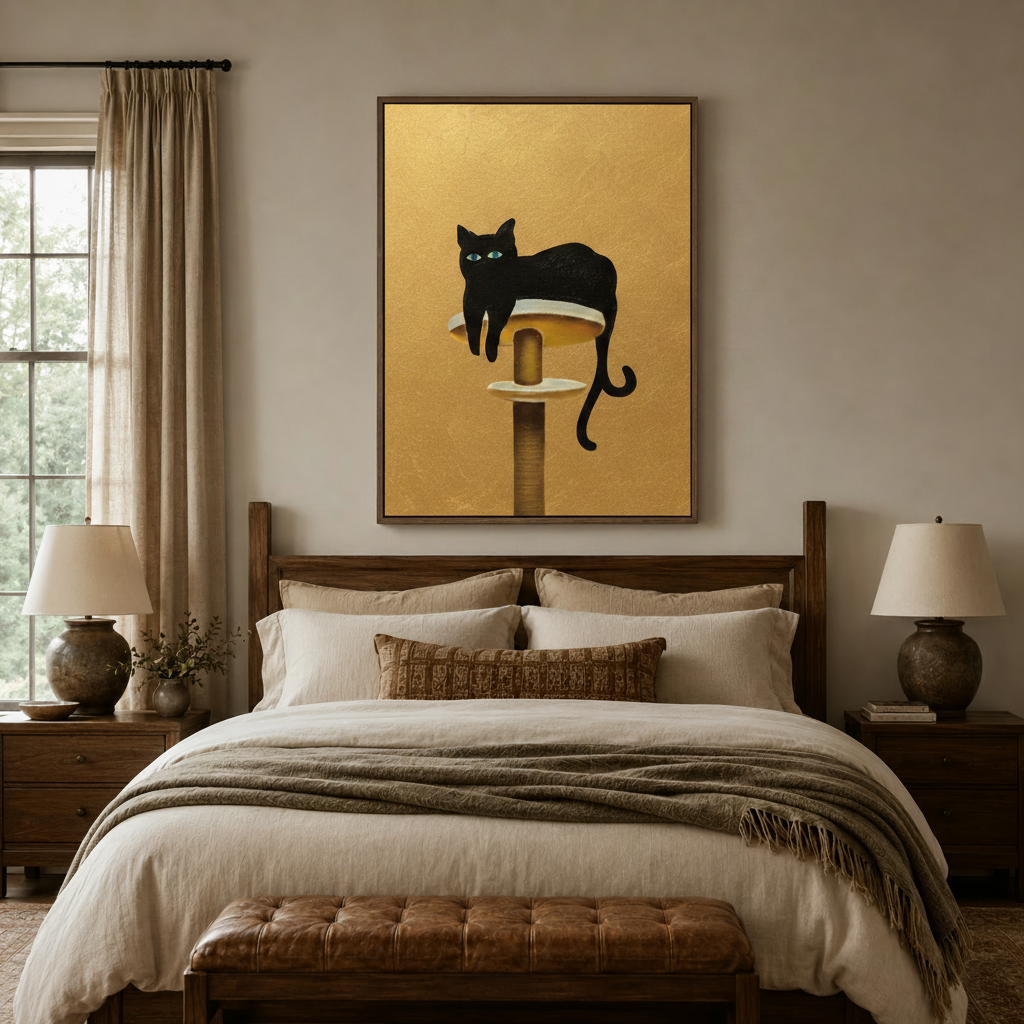 Black cat perched on scratching post, golden animal wall art above rustic bedroom headboard
