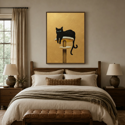 Black cat perched on scratching post, golden animal wall art above rustic bedroom headboard