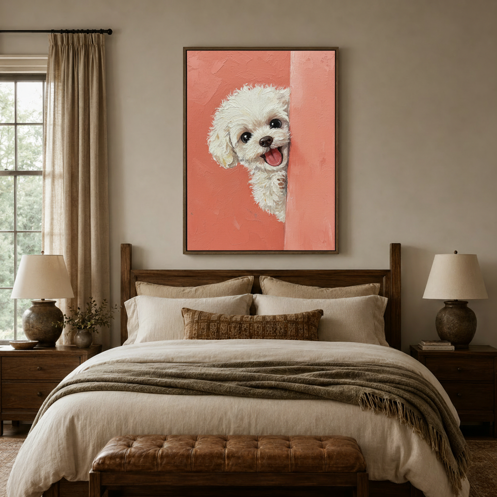Cute poodle peeking canvas print styled above a bed in a cozy neutral bedroom setting