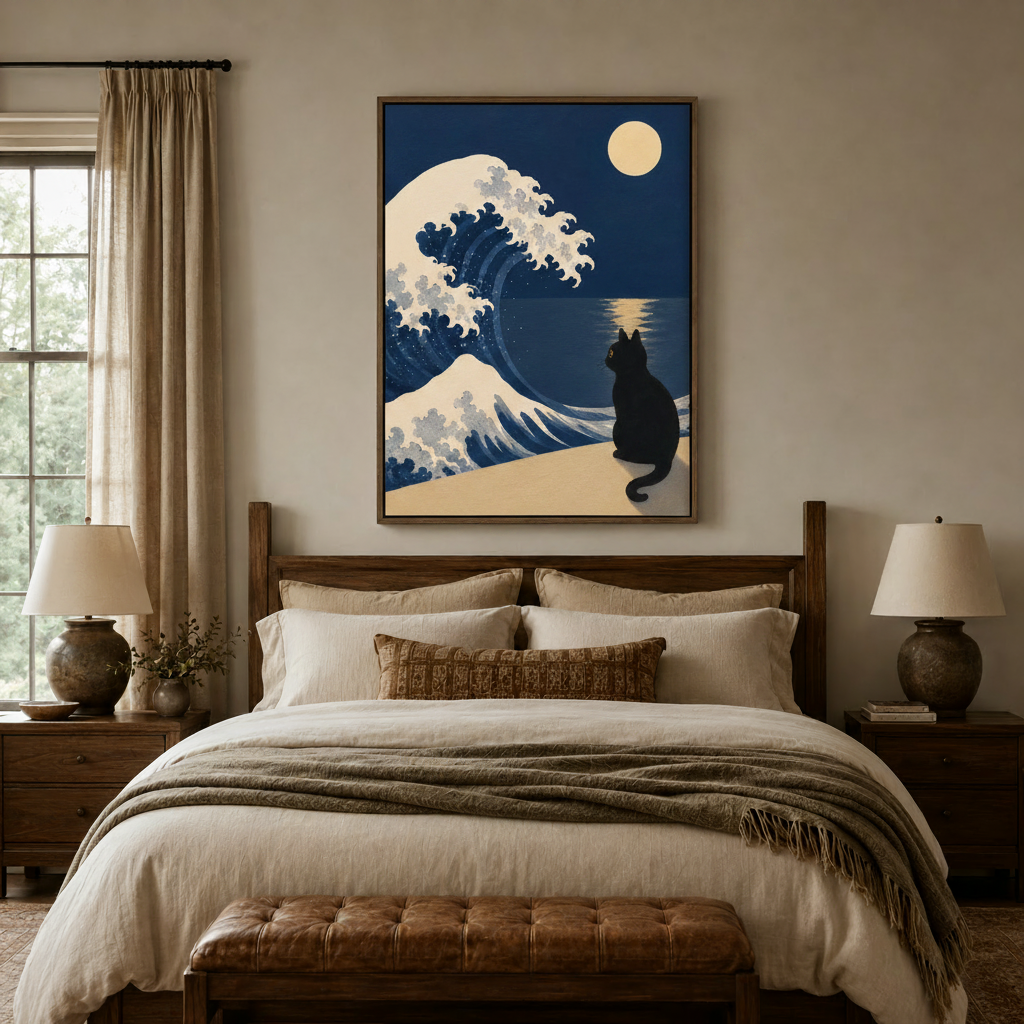 Bold navy wave and black cat canvas art above linen bed in cozy neutral bedroom