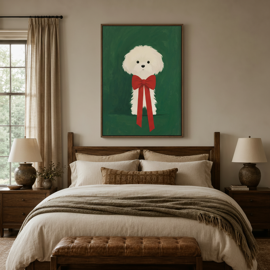 Cute white puppy with red bow framed canvas art above a cozy bedroom headboard