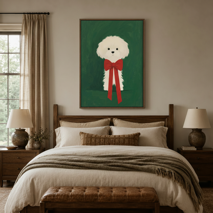 Cute white puppy with red bow framed canvas art above a cozy bedroom headboard