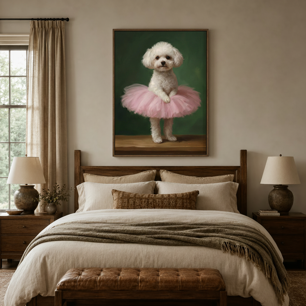 Whimsical Bichon Frise ballerina canvas art above a cozy linen bedroom bed