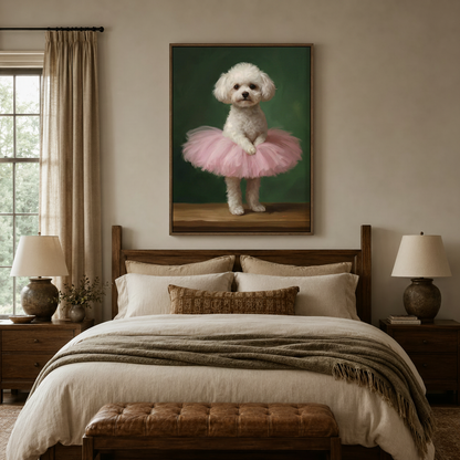 Whimsical Bichon Frise ballerina canvas art above a cozy linen bedroom bed